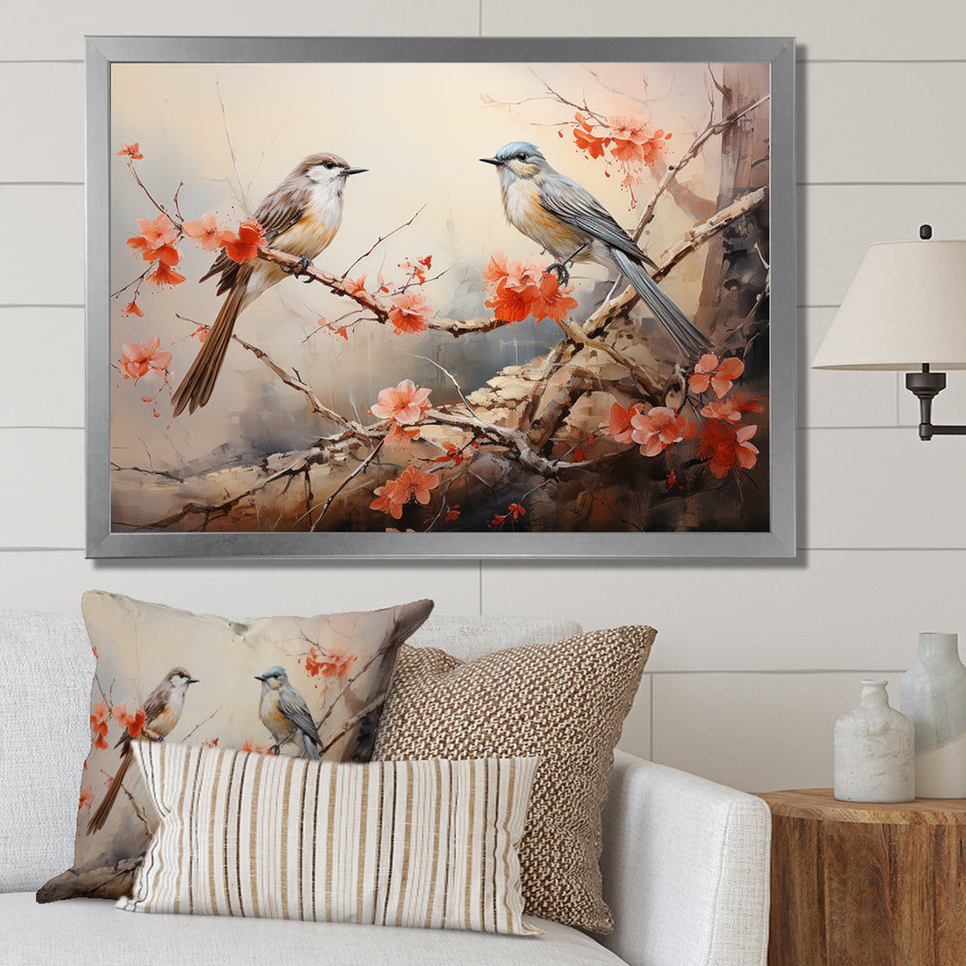 Vintage birds on pink blossom tree - Orange Bird Wall Art