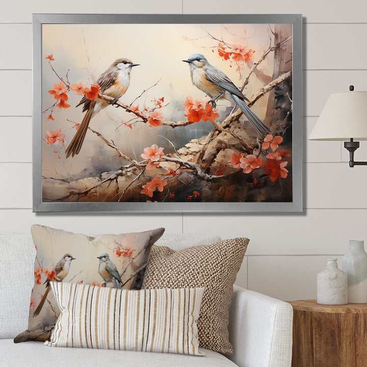 Vintage birds on pink blossom tree - Orange Bird Wall Art