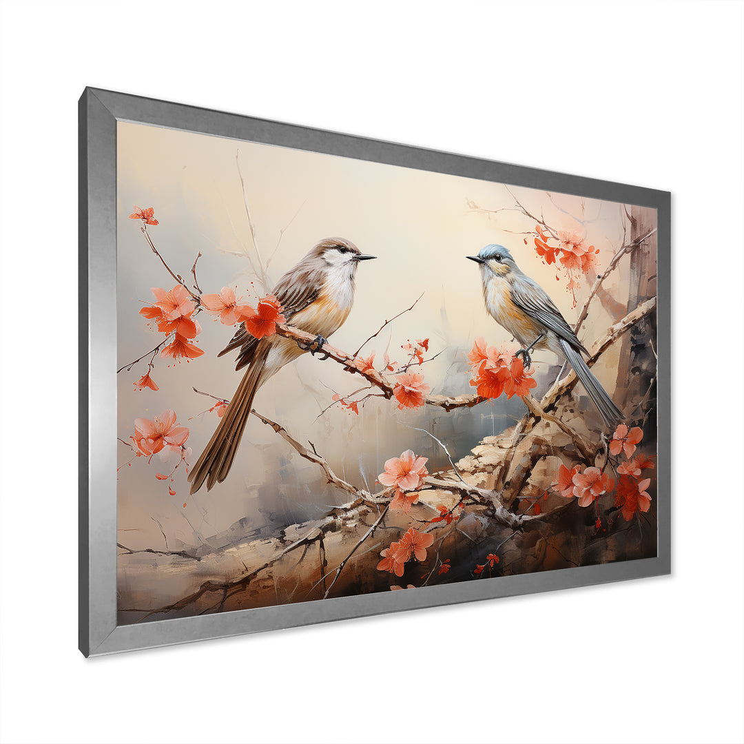 Vintage birds on pink blossom tree - Orange Bird Wall Art