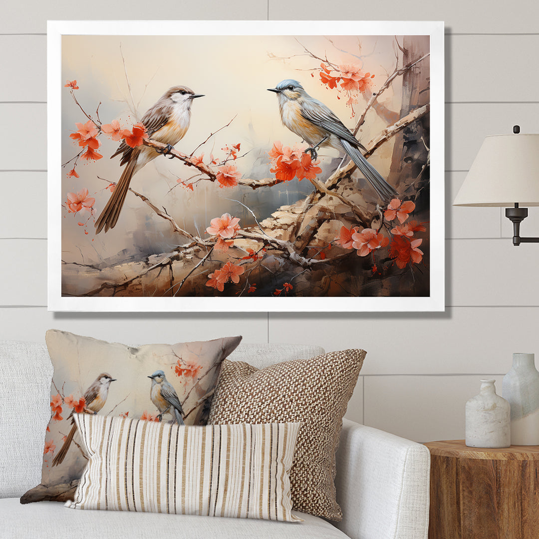 Vintage birds on pink blossom tree - Orange Bird Wall Art