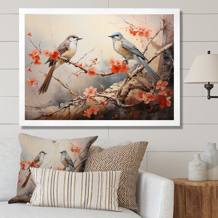 Vintage birds on pink blossom tree - Orange Bird Wall Art