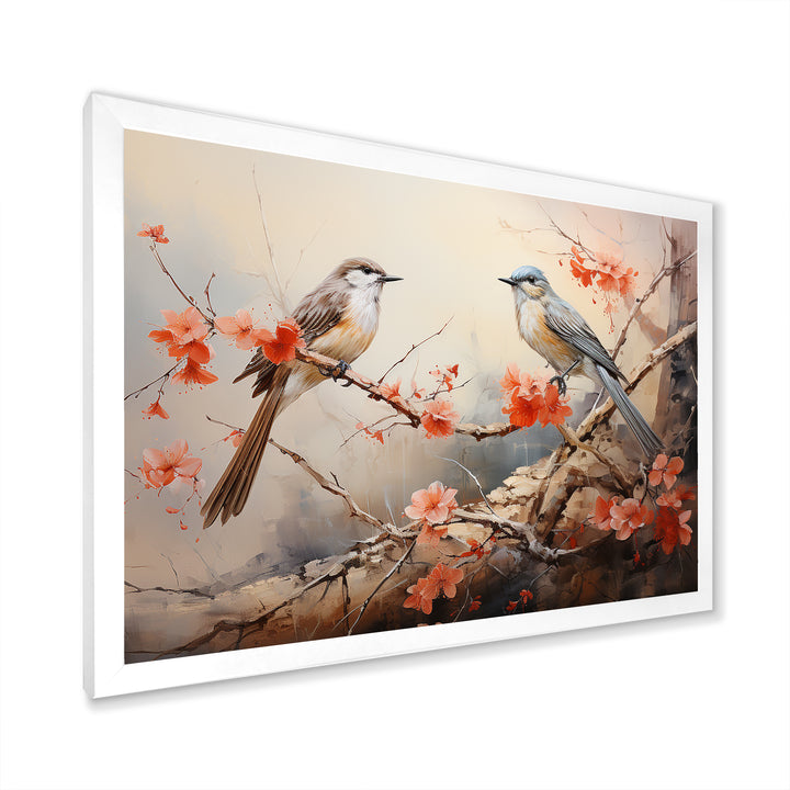 Vintage birds on pink blossom tree - Orange Bird Wall Art