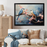 Sakura blue birds on pink blossom tree - Bird Framed Canvas Art