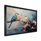 Sakura blue birds on pink blossom tree - Bird Framed Canvas Art