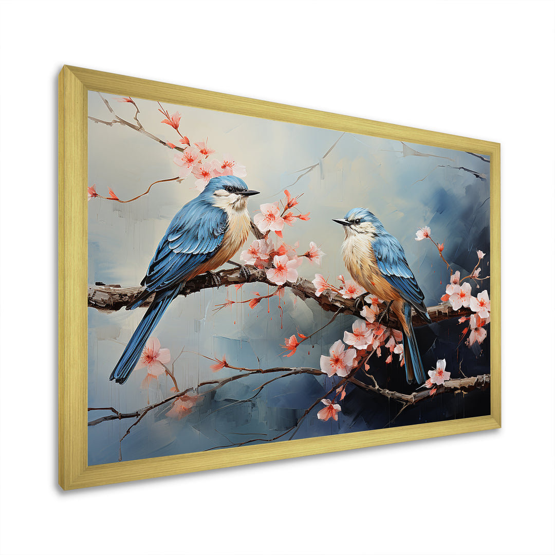 Sakura blue birds on pink blossom tree - Bird Framed Canvas Art