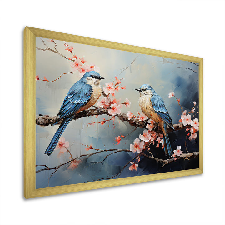 Sakura blue birds on pink blossom tree - Bird Framed Canvas Art
