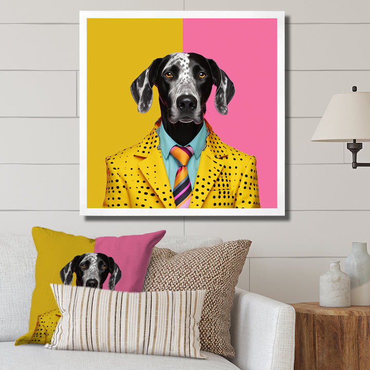 Yellow and pink Fashion first suited dog - Pink Dog Wall Art