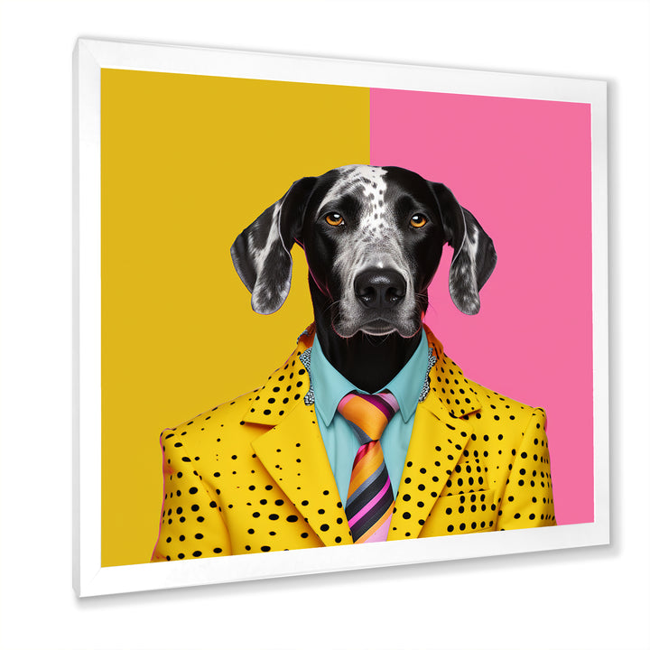 Yellow and pink Fashion first suited dog - Pink Dog Wall Art