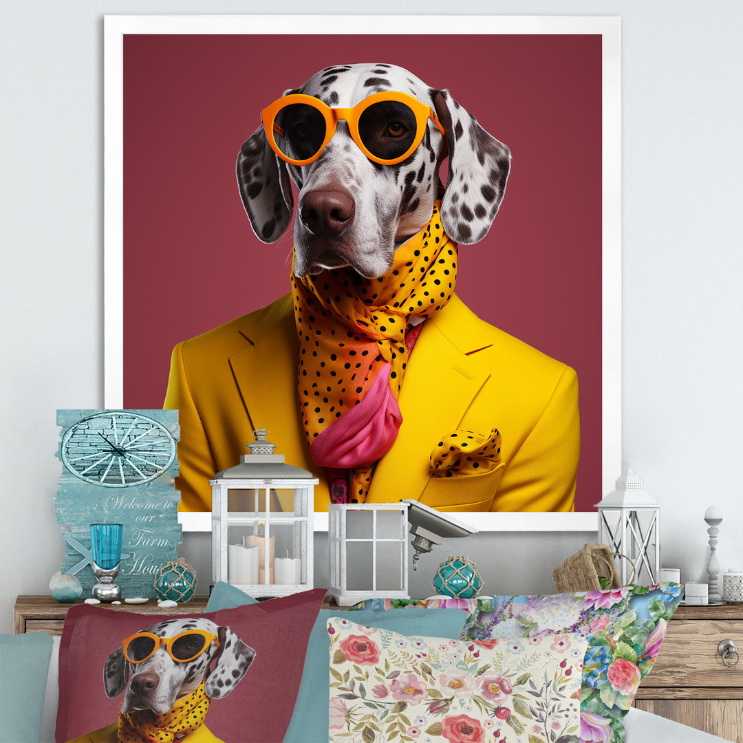 Yellow and orange Fashion first suited dog - Dog Framed Canvas Art