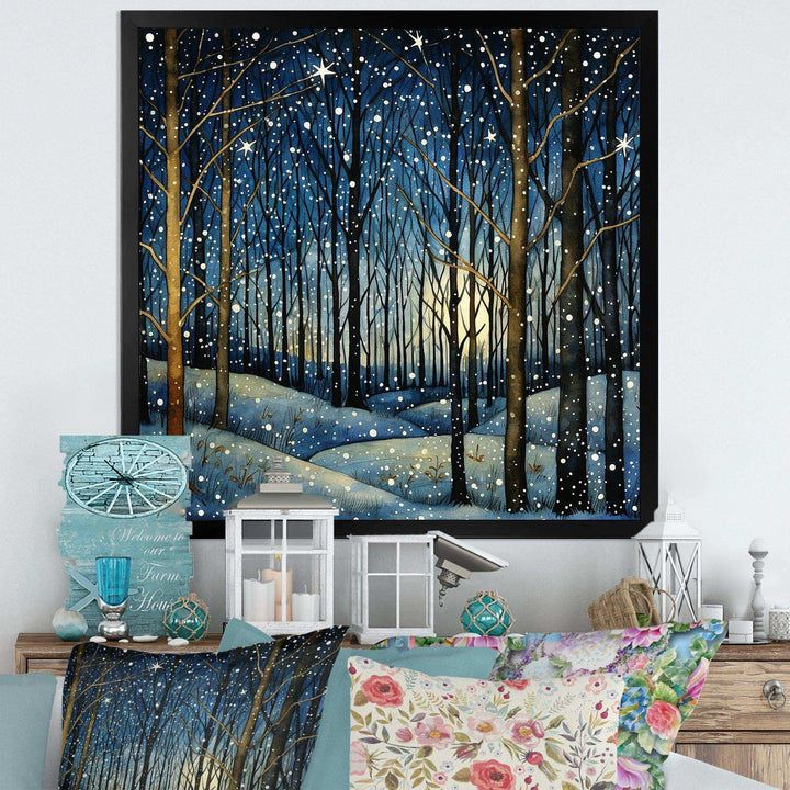 Festive starry night Winter Woodscape - Food &amp; Beverage Canvas Wall Art
