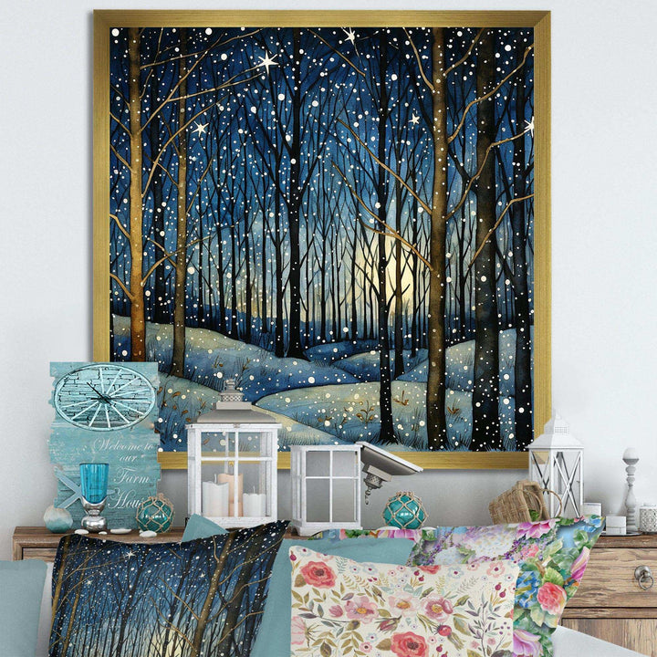 Festive starry night Winter Woodscape - Food &amp; Beverage Canvas Wall Art