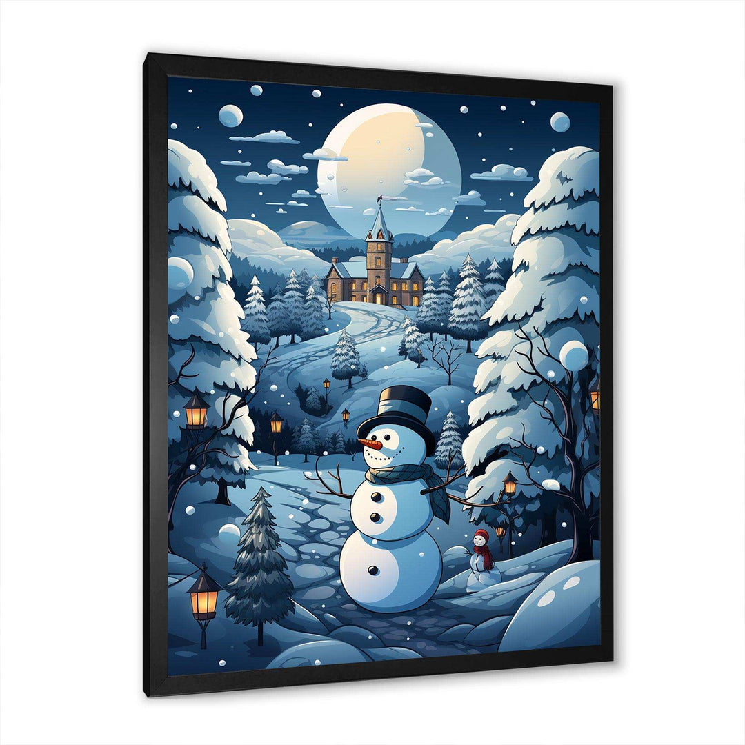 Blue and white Frosty snowman landscape II - Landscapes Canvas Wall Art