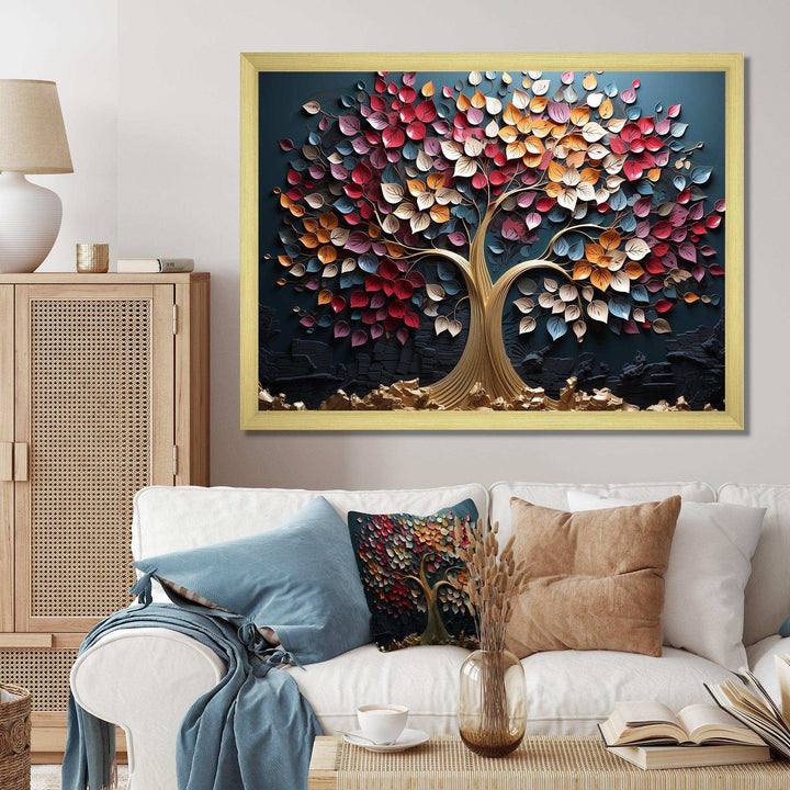 Pink and Blue golden tree on blue tones - Landscapes Canvas Wall Art