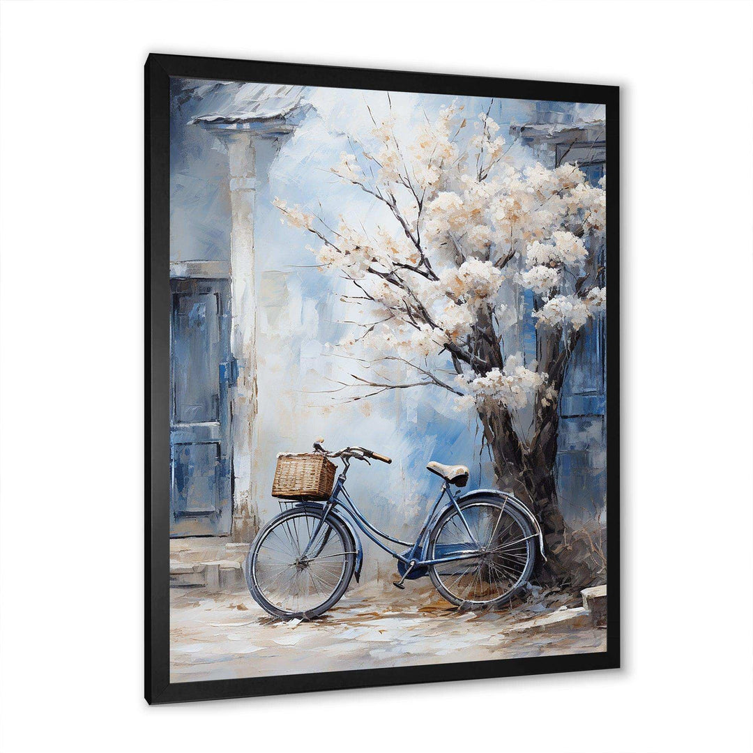 White and blue florals bicycle - Transportation Canvas Wall Art