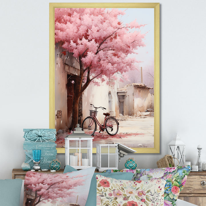 Pink and white springtime florals bicycle I - Bicycle Canvas Wall Art