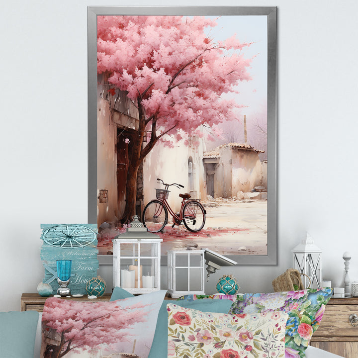 Pink and white springtime florals bicycle I - Bicycle Canvas Wall Art
