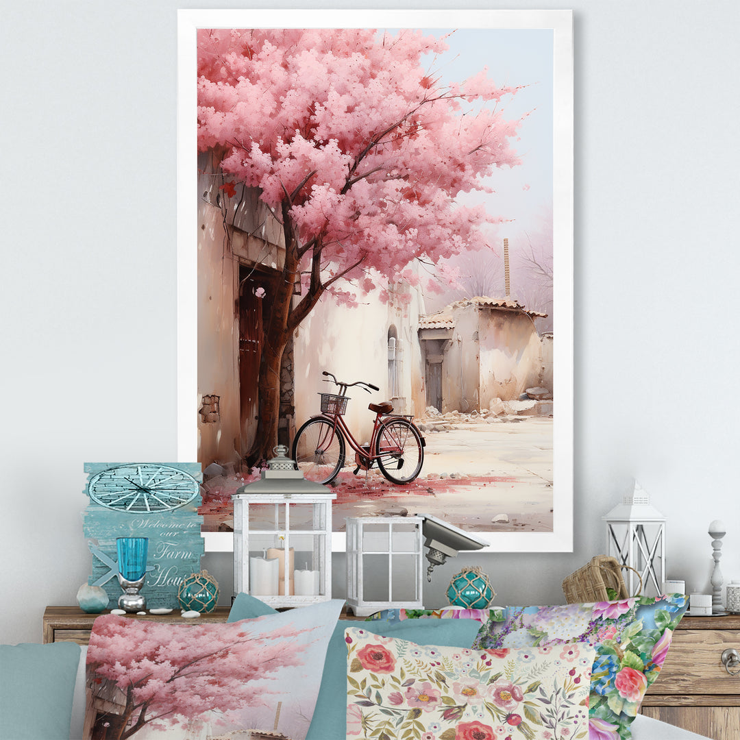 Pink and white springtime florals bicycle I - Bicycle Canvas Wall Art