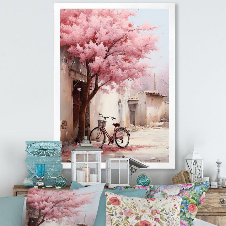 Pink and white springtime florals bicycle I - Bicycle Canvas Wall Art