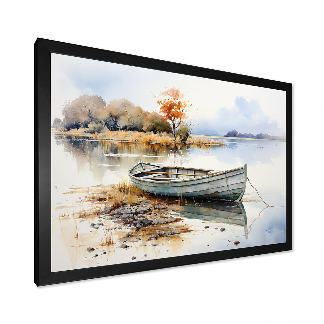 Blue and orange Autumn Tranquility Fishing Boat - Boat Fishing Canvas Wall Art