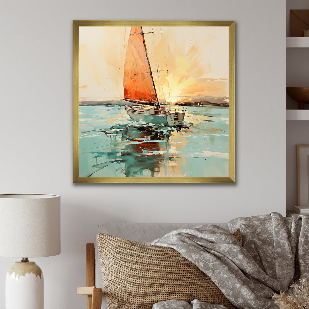 Orange sunset sailing paint I - Boat Canvas Wall Art