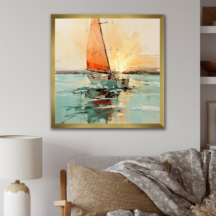 Orange sunset sailing paint I - Boat Canvas Wall Art