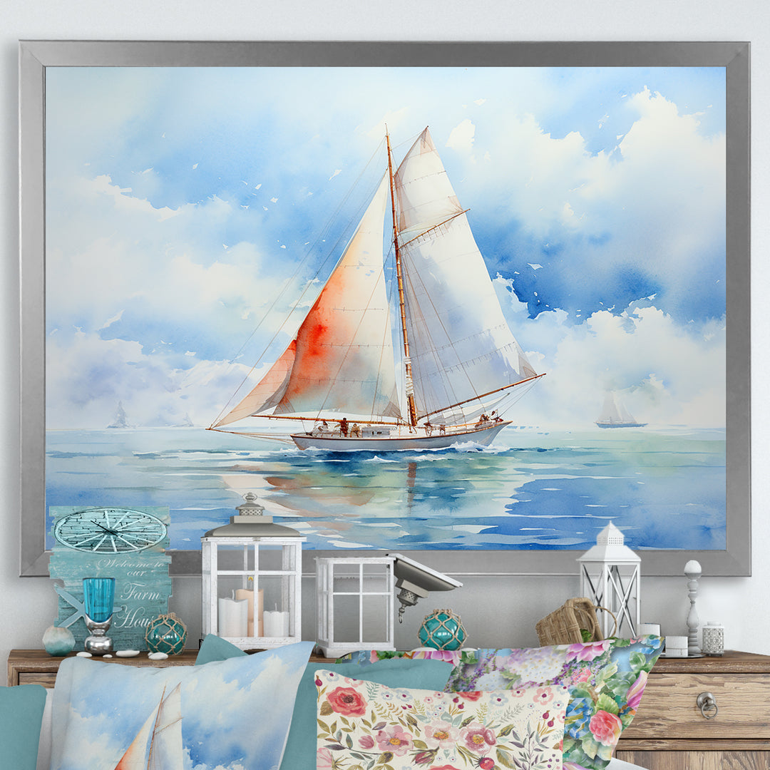 Coastal Serenity Watercolor Sailboat on the Horizon I - Boat Sailing Canvas Wall Art
