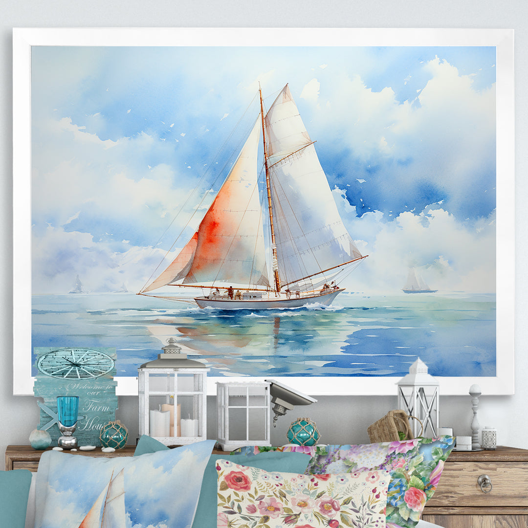 Coastal Serenity Watercolor Sailboat on the Horizon I - Boat Sailing Canvas Wall Art
