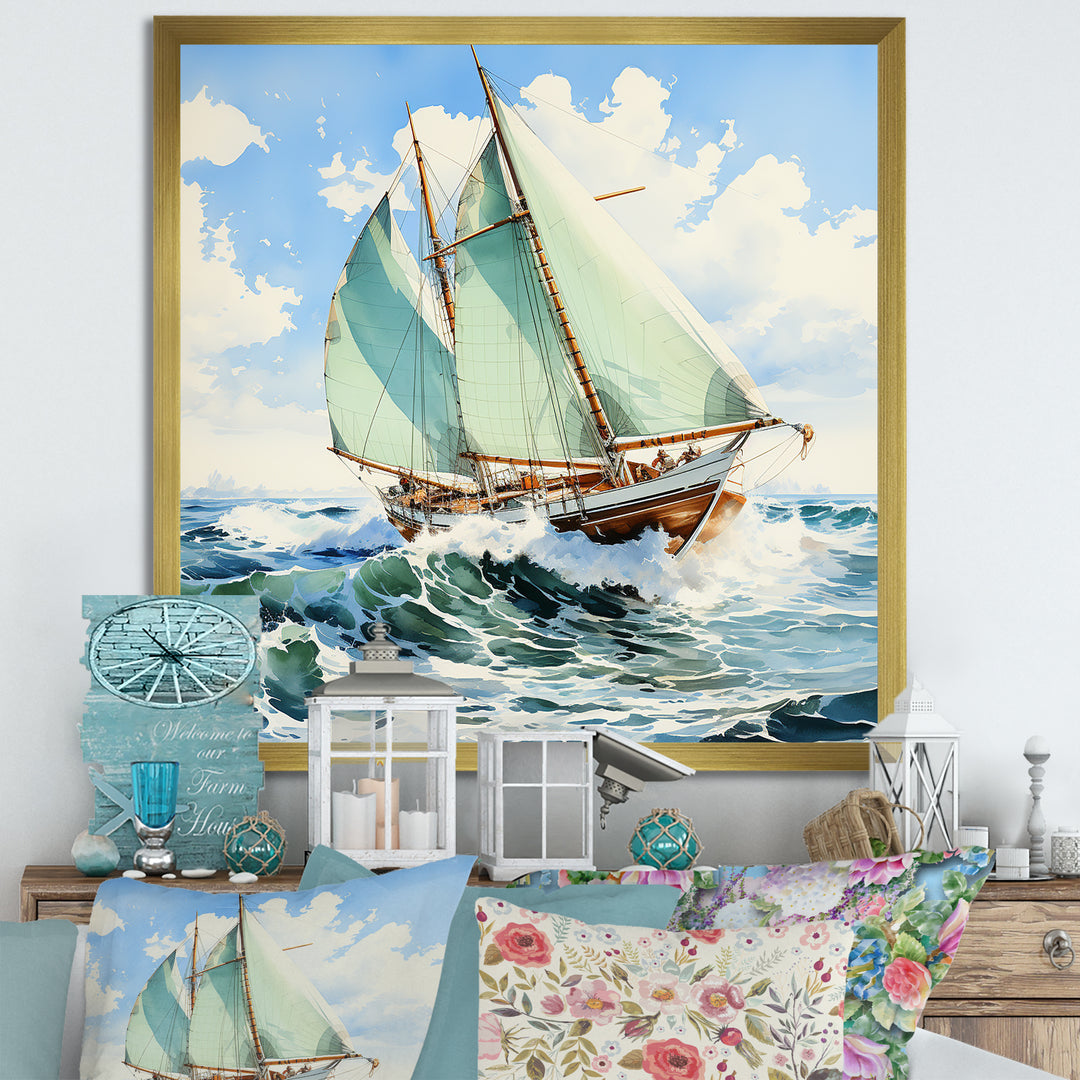 Sailboat watercolor green horizon I - Boat Sailing Canvas Wall Art