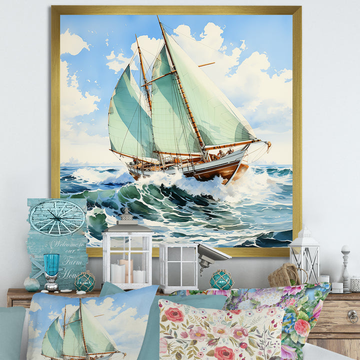 Sailboat watercolor green horizon I - Boat Sailing Canvas Wall Art