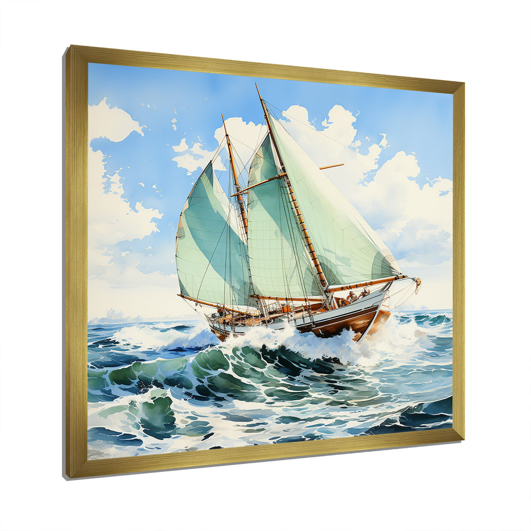 Sailboat watercolor green horizon I - Boat Sailing Canvas Wall Art