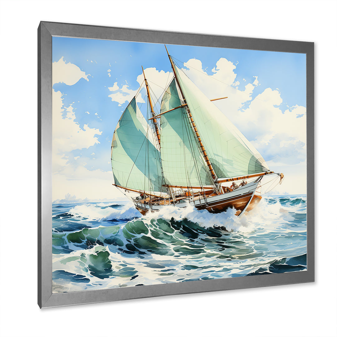Sailboat watercolor green horizon I - Boat Sailing Canvas Wall Art
