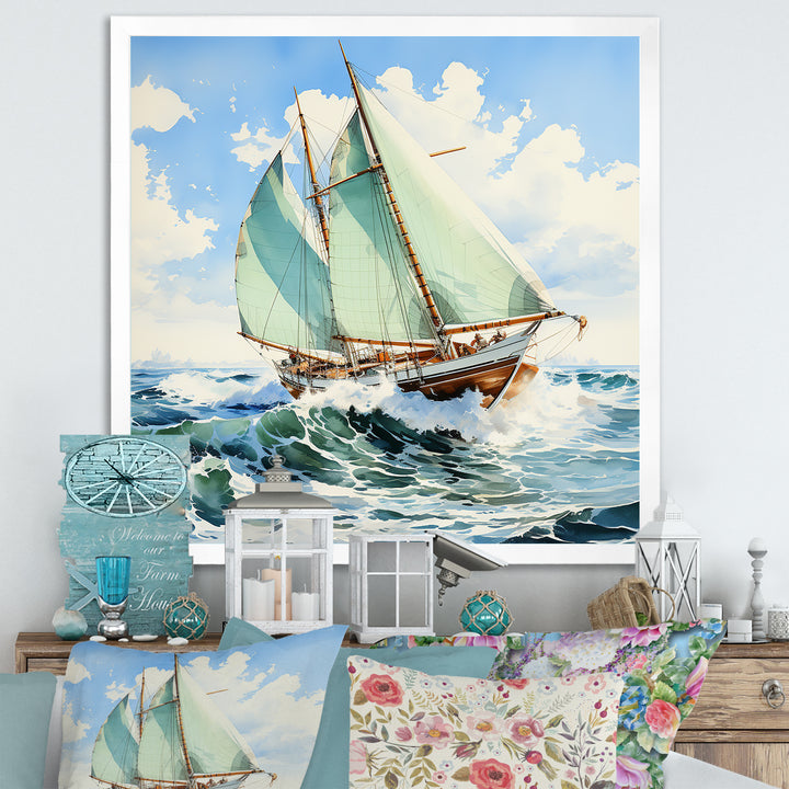 Sailboat watercolor green horizon I - Boat Sailing Canvas Wall Art