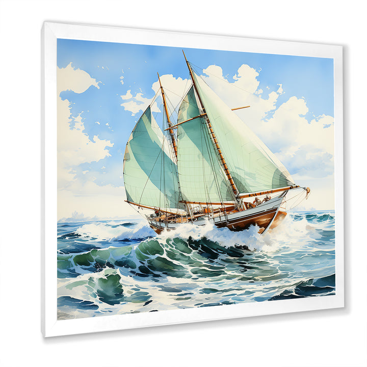 Sailboat watercolor green horizon I - Boat Sailing Canvas Wall Art