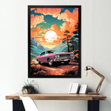 Pink classic muscle car at sunset - Car Muscle Car Canvas Wall Art