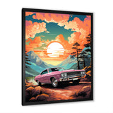 Pink classic muscle car at sunset - Car Muscle Car Canvas Wall Art