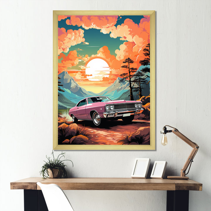 Pink classic muscle car at sunset - Car Muscle Car Canvas Wall Art
