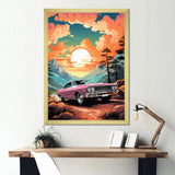 Pink classic muscle car at sunset - Car Muscle Car Canvas Wall Art
