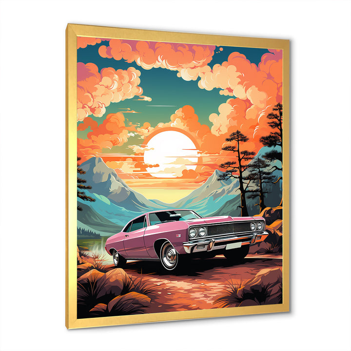 Pink classic muscle car at sunset - Car Muscle Car Canvas Wall Art