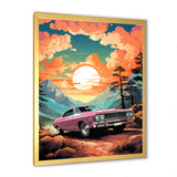 Pink classic muscle car at sunset - Car Muscle Car Canvas Wall Art