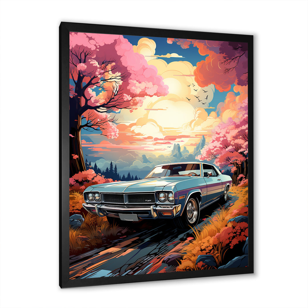 Pink Cadillac car at sunset I - Car Muscle Car Canvas Wall Art