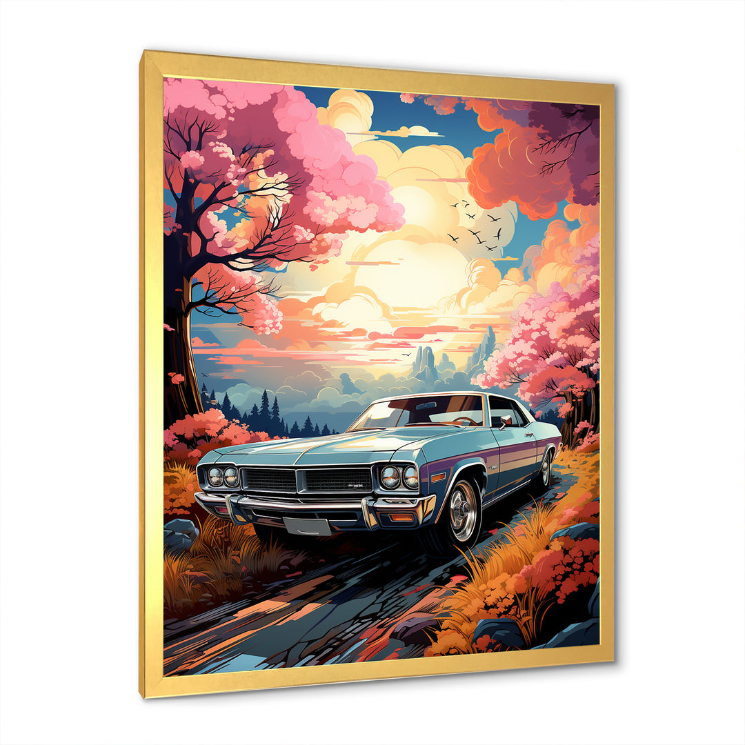 Pink Cadillac car at sunset I - Car Muscle Car Canvas Wall Art