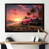 Pink Cadillac on the beach at sunset I - Car Old American Canvas Wall Art