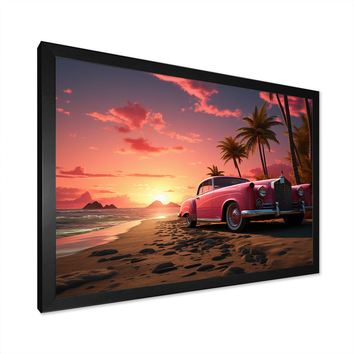 Pink Cadillac on the beach at sunset I - Car Old American Canvas Wall Art