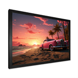 Pink Cadillac on the beach at sunset I - Car Old American Canvas Wall Art