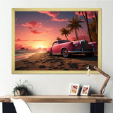Pink Cadillac on the beach at sunset I - Car Old American Canvas Wall Art