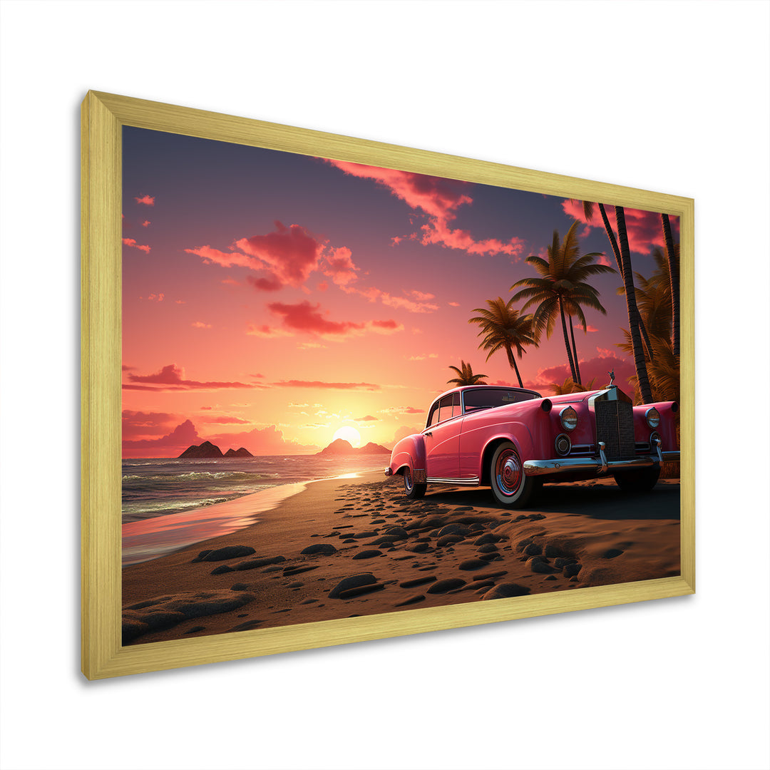 Pink Cadillac on the beach at sunset I - Car Old American Canvas Wall Art