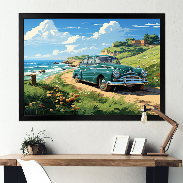 Green Classic American Car on a beach I - Car Old American Canvas Wall Art