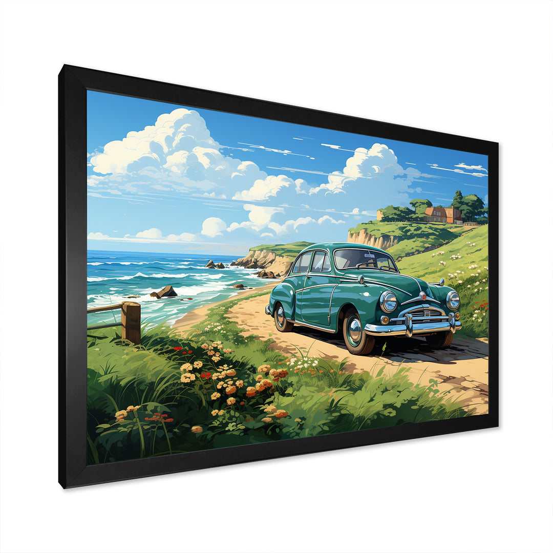 Green Classic American Car on a beach I - Car Old American Canvas Wall Art
