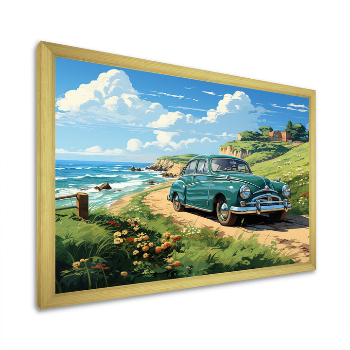 Green Classic American Car on a beach I - Car Old American Canvas Wall Art