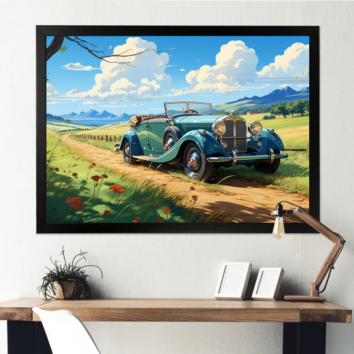 Green Classic American Car on a Lush Green Meadow - Car Old American Canvas Wall Art